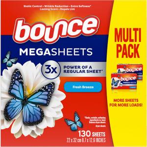 Bounce Mega Dryer Sheets, Fresh Breeze, 130 Count, Mega Fabric Softener Sheets with Static Control, Wrinkle Reduction, Extra Softness, Lasting Scent, Repels Lint