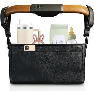 Universal Stroller Organizer with Cup Holder - Vegan Leather Stroller Caddy, 4 Built-In Pockets, Shoulder Strap, Fits Mockingbird, UppaBaby, Nuna, BOB and More