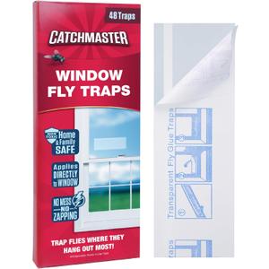 Catchmaster Window Fly Traps 48-Pack, Fruit Fly Traps for Indoors, Disposable Bulk Bug Catcher, Waterproof Insect Glue Trap, Adhesive Strips, Pet Safe Pest Control for Home, Kitchen, & Garage