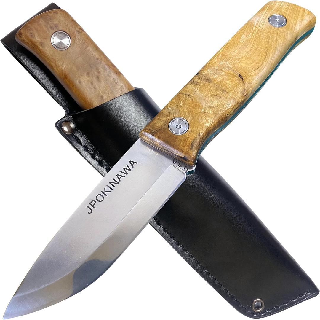 8.54"Birch wood handle Finnish traditional hunting knife - FullTang 60HRC High carbon steel Blade With cowhide scabbard