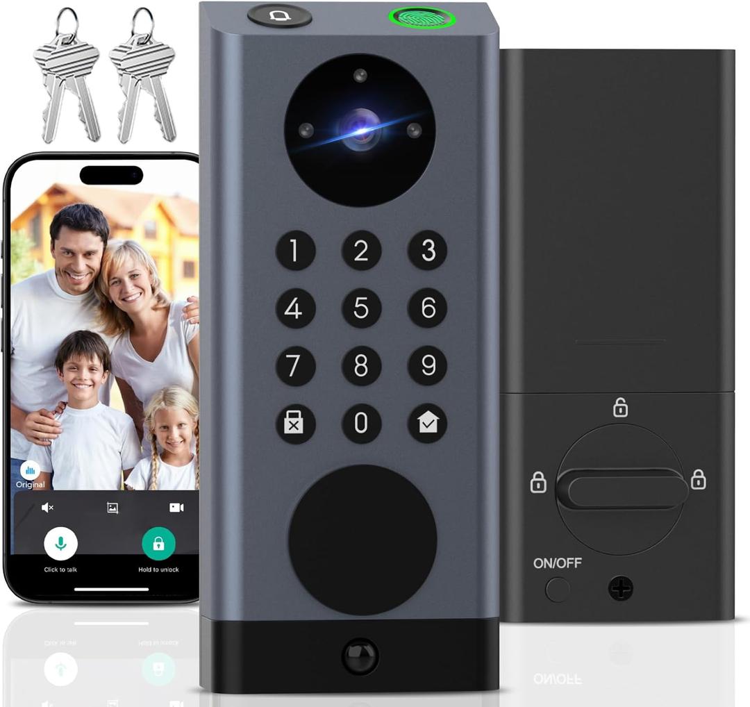 WiFi Door Lock with Camera, Deadbolt Smart Lock with Video Doorbell, Keyless Entry Door Lock with Fingerprint Keypad Code, Electronic Digital Biometric WiFi Smart Lock for Front Door