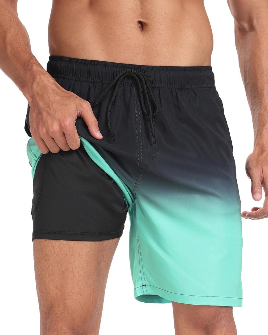 Mens Swim Trunks with Compression Liner 2 in 1 Quick Dry Swimming Shorts Swimwear Bathing Suits with Pockets (Blue, L)