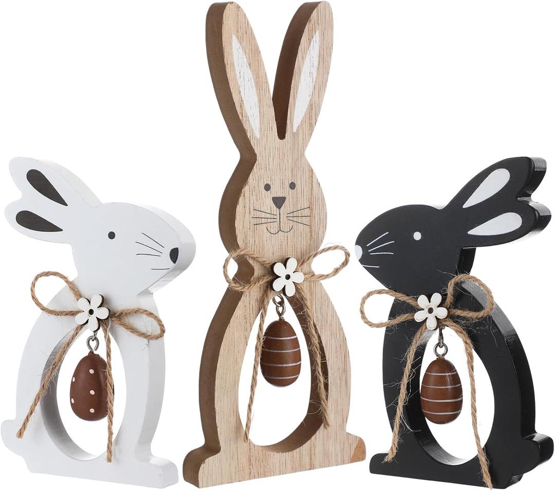 Capoda 3 Pack Easter Wooden Bunny Table Decorations Farmhouse Easter Tiered Tray Decor Bunny Signs Tabletop with Egg Rustic Table Centerpiece Rabbit Decor for Home Office Party Gifts