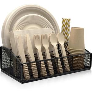 DysanVica Paper Plate Organizer for Countertop - Metal Silverware Caddy with 6 Compartments for Paper Plate Cup Napkin Utensil Holder Caddy for Party Camping Picnic Black