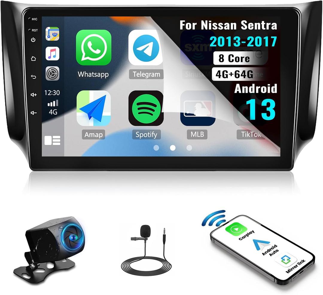 [8 Core/4G+64G] Radio for Nissan Sentra 2013-2017 Android 13 Car Stereo Wireless Apple Carplay&Android Auto, 10.1" IPS Touchscreen GPS Navi, Bluetooth 5.0 DSP FM RDS 32EQ 59UI WiFi SWC+Backup Cam&Mic