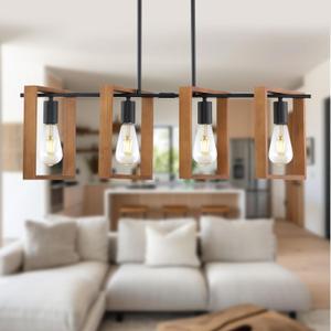 9MMML 4 Lights Island Light for Kitchen,Farmhouse Industrial Rectangle Pendant Light, Black Body+Wood Frame Vintage Chandelier for Dining&Living Room Pool Table Hallway Entryway Foyer,E26