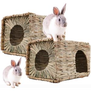 WUWEOT 2 Pack Large Grass Bunny House, Foldable Rabbit Hut, Play Hideaway Bed Hay Mat Chew Toy for Rabbit, Guinea Pigs, Gerbils, Hamster and Small Animals, 11"x8"x8"