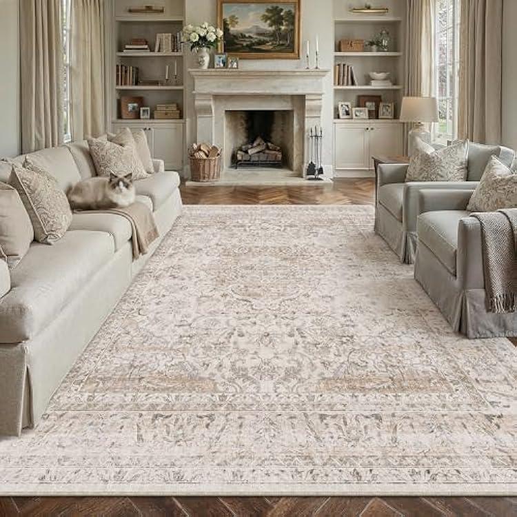 12x9 Washable Area Rug Beige Vintage Non Slip Soft Low Pile Rug for Living Room Bedroom Dining Room Office Distressed Oriental Indoor Large Throw Carpet for Home Decor