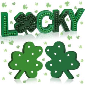 Yerliker 3 Pcs St. Patricks Day Decorations Wooden Shamrock Table Decoration Lucky Letters Beaded Table Centerpiece Green Lucky Shamrock wood Sign for Irish Home Kitchen Office Mantel Decor