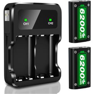 Ponkor Rechargeable Battery Packs for Series X|S/Xbox One, 2 x 6200 mWh Batteries with Charger for Xbox One S/X/Elite Controller Battery Pack Xbox Series X S Skin