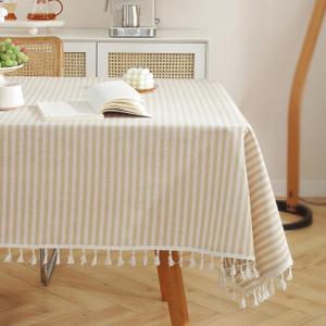 meioro Striped Tablecloth Rectangle Tablecloths Cotton Blend Table Cloth Washable Tabletop Decorative Fabric Table Cover for Kitchen Dinning (Beige, 60 x 102 Inch)