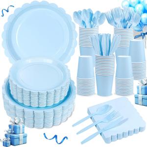 LIYH 350 Pcs Light Blue Paper Plates and Napkins 50 Guest Blue Party Supplies Include Scalloped Paper Plates Cocktail Napkins Cups Spoons Forks Knives for Baby Shower,Birthday