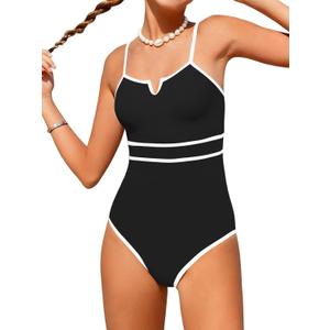 AMAWMW Girls Swimsuit V-Neck Cutout Bathing Suit Color Block Adjustable Straps One Piece Swimwear for Teens (13-14 Years, Black)