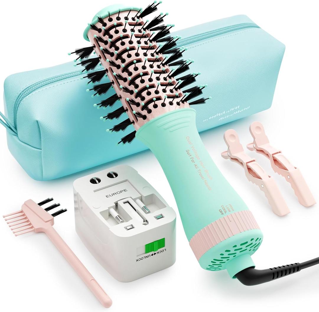 Travel Hair Dryer Brush Dual Voltage Blow Dryer in One, 2 inch Mini Hot Air Styling Tool, Hair Volumizer/Straightener/Curler with Universal Adapter, European Travel Size Styler (50mm Oval, Macaron Mint)