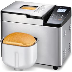 Briskind Bread Maker Machine with Ceramic Nonstick Pan, 19 Menus, 2 Pound Stainless Steel Breadmaker with Glass Touch Panel, Gluten Free, Sourdough Starter, Custom Setting, 3 Loaf Sizes & Crust Colors