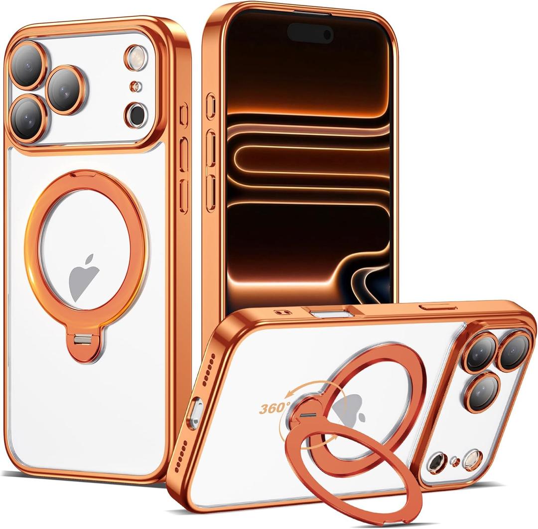 Compatible with iPhone 17 Pro Case with 360 Spin Magnetic Ring Stand [Compatible with Mag-Safe] Full Camera Lens Protector Plating Clear Phone Case for iPhone 17 Pro 6.3", Orange