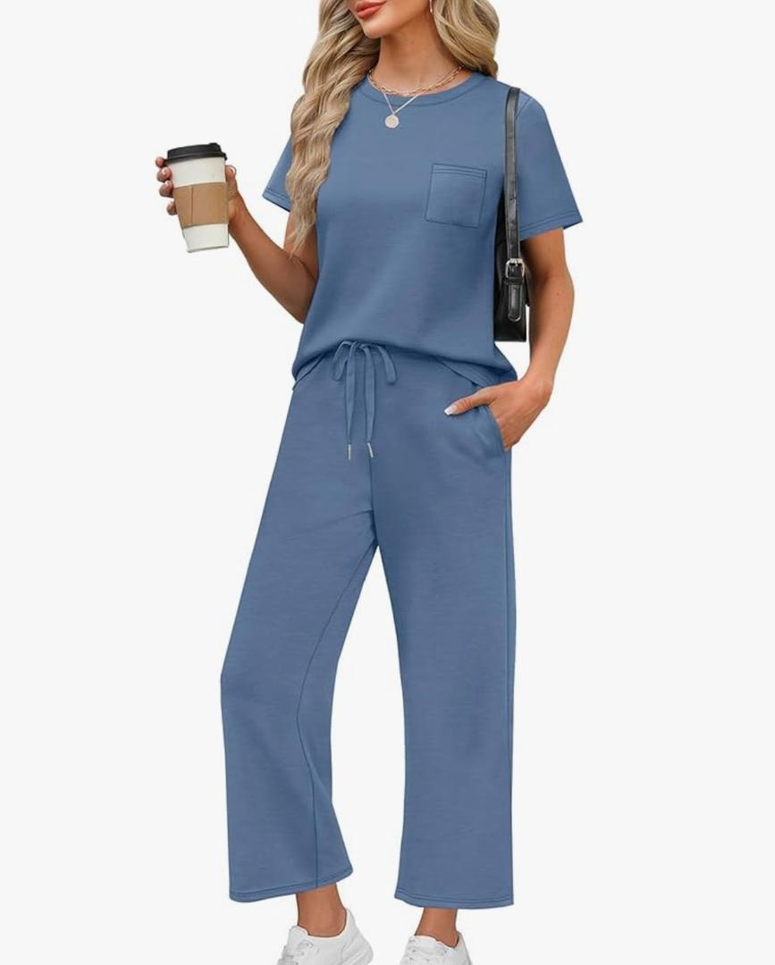 WIHOLL 2 Piece Sets for Women Casual Summer Travel Vacation Outfits Short Sleeve Wide Leg Crop Pants Lounge Sets, Size: XL