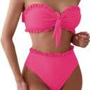 SOLY HUX Women's Ruffle Strapless Bikini Set 2 Piece Bandeau Swimsuit High Waist Bathing Suits (Plain Hot Pink), Large