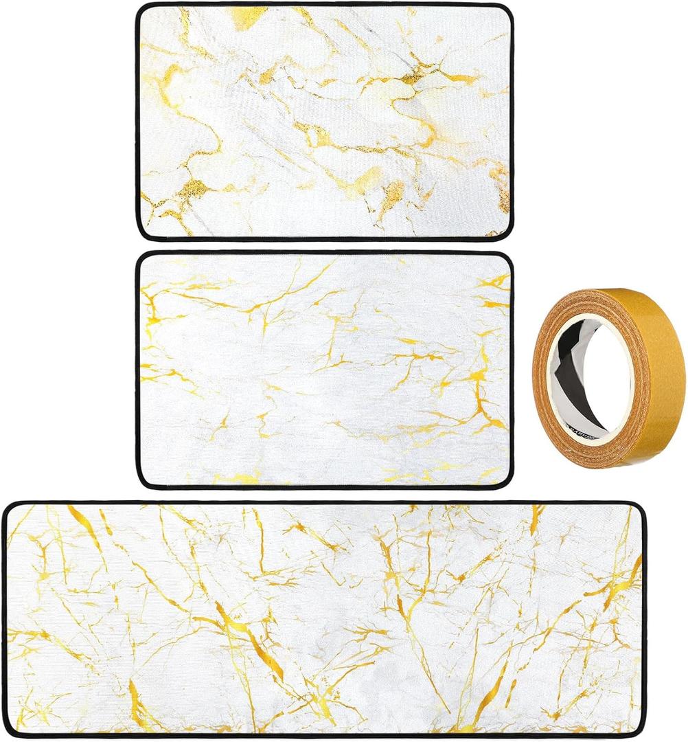 3 Pcs White and Gold Kitchen Rugs and Mats Set Anti Fatigue Marble Floor Mat Farmhouse Non Slip Washable White Gold Marble Kitchen Accessories for Floor Carpet Home Indoor Decor