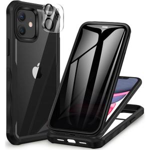 CENHUFO Privacy for iPhone 11 Case, Full Body Phone Case with Built-in 9H Tempered Glass Privacy Screen Protector and Camera Lens Protector, Anti Peep Spy Shockproof Bumper Clear Cover - Black