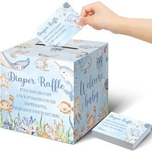 Teling 51 Pieces Diaper Raffle Tickets with Card Box Baby Shower Decorations Baby Shower Holder Box for Girl Boy Diaper Raffle Party(Ocean Animals)
