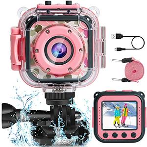 PROGRACE Kids Camera Waterproof- Children Digital Video Cameras Underwater Camera Chrismas Birthday Gift Toy for Kids 1080P DV Toddler Cameras for Girls Pool Toys Age 3-12 Pink