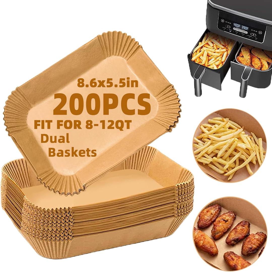 Air Fryer Liners Disposable,200Pcs Parchment Paper,LYHOLKEER 8.6x5.5 inch Rectangle Air Fryer Paper Liners for Ninja Foodi Dual/2-Basket DZ201/DZ401/FG551/DZ302/DZ090/DZ071/DZ550/SL401/SL201/IG601