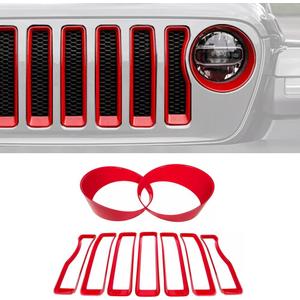 9PCS Grille Inserts Headlight Cover Kit Fitment for Jeep (2020-2023) Gladiator JT (Red, JT)