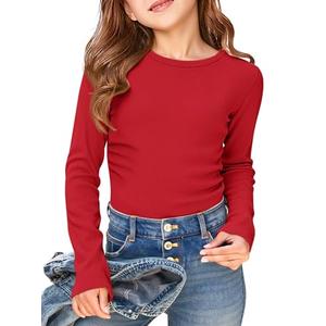 Haloumoning Girls Long Sleeve Shirts Crewneck Ruched Side Slim Fit Tops Ribbed Knit Casual Tee Shirt s Red 110