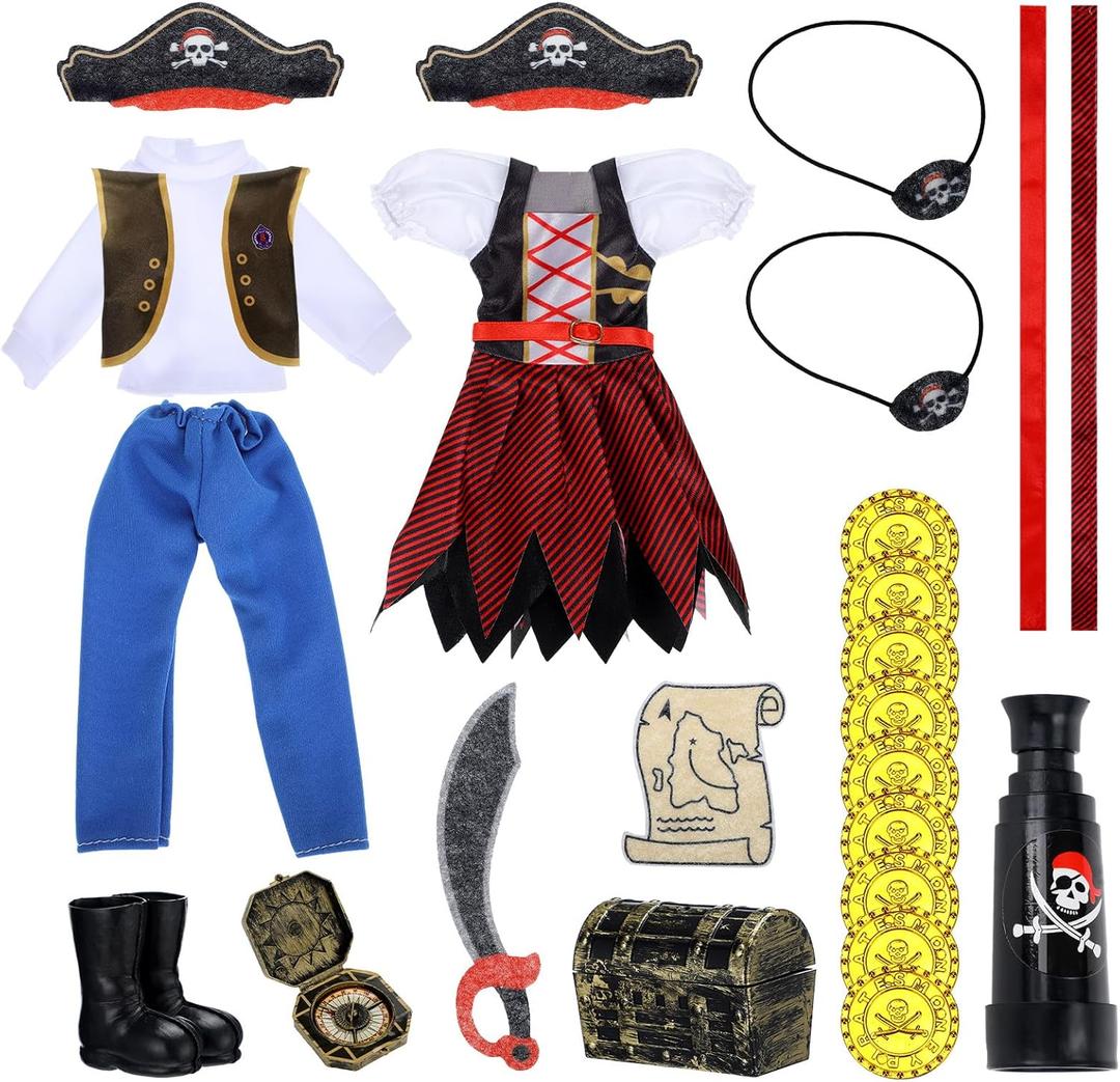 20 Pcs Christmas Elf Pirate Costume for Kids Pirate Clothes Accessories Set Holiday Elf Outfits with Gold Coin Telescope Patch Compass Headscarf Treasure Map Chest for Xmas Party Decoration