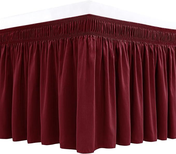 Biscaynebay Wrap Around Bed Skirts for Queen Beds 19" Long Drop, Burgundy Adjustable Elastic Dust Ruffles Easy Fit Wrinkle & Fade Resistant Silky Luxurious Fabric Solid Machine Washable