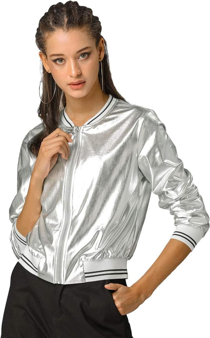 Allegra K Women's Bomber Jacket Sparkly Crew Neck Long Sleeve Holographic Lightweight 90S Shiny Party Metallic Jackets Small Silver