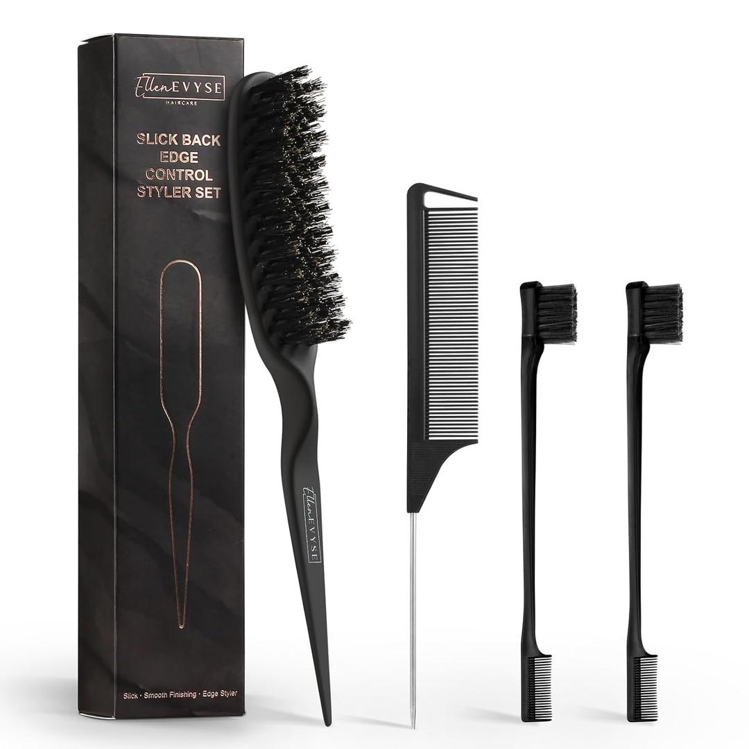 Boar Bristle Slick Back Brush for Smooth Flyaways, For fine to medium hair, Sleek Ponytail, Buns, Small Brush for Smoothing Edge Baby Hair Rat Tail Combs Parting Combs