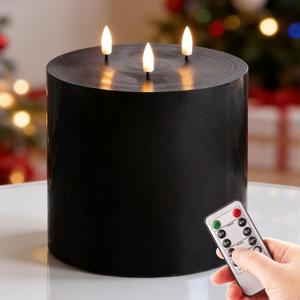 Eywamage 3 Wick Black Flameless Pillar Candle with Remote, Flickering Large Battery LED Wax Candle 6" H 6"