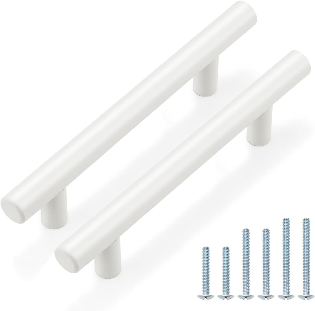 Probrico 10 Pack| 3-3/4" Hole Centers White Modern Kitchen Cabinet Pulls Drawer Handles Euro Round T Bar Pulls Stainless Steel Dresser Pulls Furniture Hardware-6" Overall Length