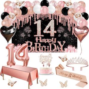 14th Birthday Decorations for Girls, 49pcs Black Rose Gold Black Banner, Tablecloth, Butterfly Decor, 14th Birthday Sash and Tiara, Cake Topper, Candles, Balloons Arch