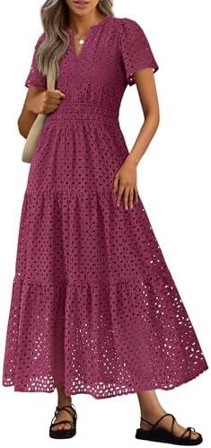PRETTYGARDEN Womens 2025 Summer Maxi Dress Short Sleeve V Neck Hollow Out Eyelet A Line Long Flowy Beach Vacation Dresses. Size XXL.