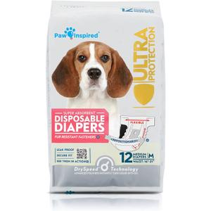 Paw Inspired Disposable Dog Diapers | Female Dog Diapers Ultra Protection | Diapers for Dogs in Heat, Excitable Urination, or Incontinence (12 Count, Medium)