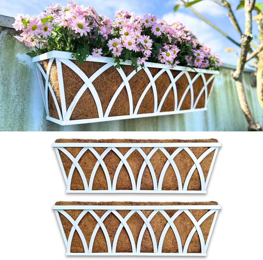 LaLaGreen Wall Planter (24 Inch, 2 Pack) White Metal Rectangular Hanging Flower Box Window Boxes Planters with Coco Liner Attach House Outdoor, Farmhouse Plant Holder Deck Railing Patio Balcony Fence