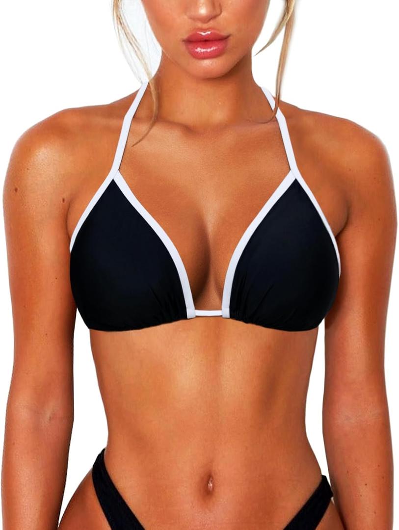 String Bikini Tops for Women Bathing Suit Swim Tops Sexy Triangle Bikini Top Black (Small, #02 Black White)