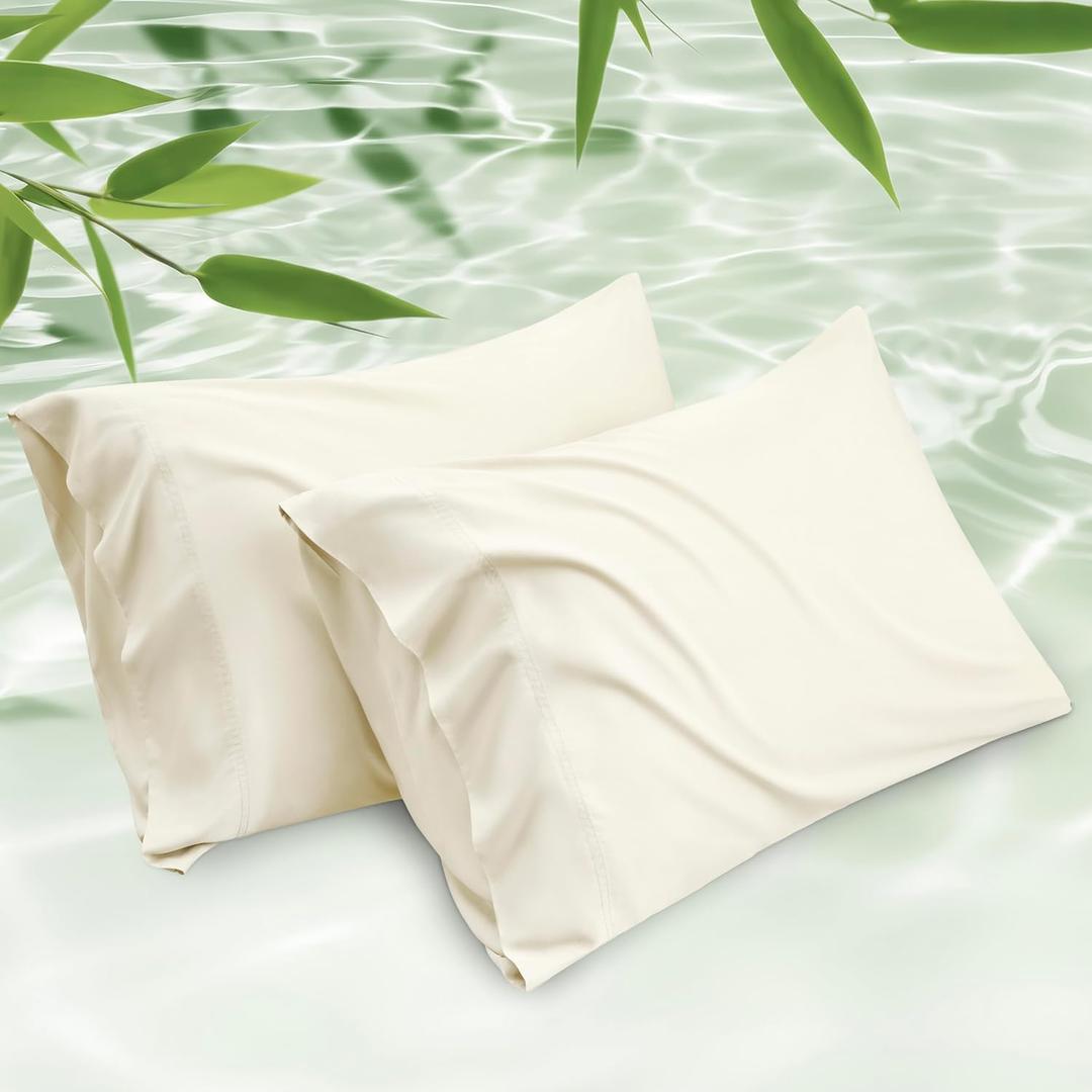 Bedsure Cooling Pillow Cases Queen Size Set of 2, Rayon Derived from Bamboo Cooling Pillowcase for Hot Sleepers, Cool Pillow Covers with Envelope Closure for Women, Men, Cream, 20x30 Inches (Queen (20" x 30"), 09 - Cream)