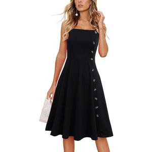Liyinxi Women's Casual Summer Beach Flattering Flowy A-Line Spaghetti Straps Solid Cotton Button Down Midi Sundress, L