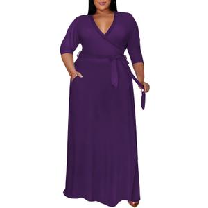 Runwind Plus Size Dress for Women - 3/4 Sleeve V Neck Maxi Dresses for Women XL-6XL (Purple, XXL)