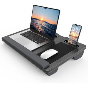 HETTHI Lap Desk with Cushion, Large Laptop Besk Bed, Up to 17" Laptop Tray for Bed with Wrist Rest, 2 Self-Adhesive Mouse Pads, Portable Handle, Tablet Phone Slot (Black)