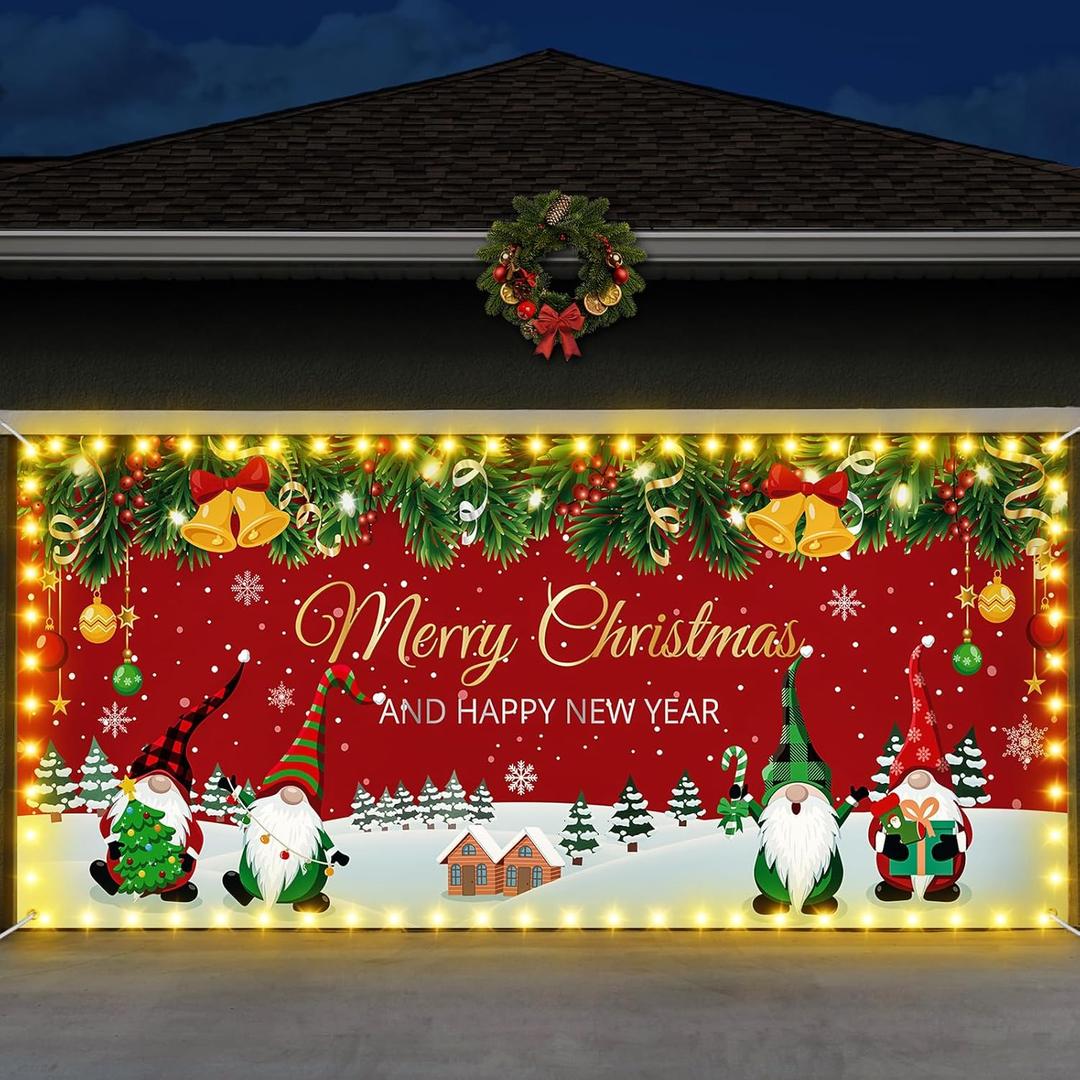 Mindsoft 6 x 13 ft Large Merry Christmas Garage Door Cover 2025 LED Waterproof Polyester Happy New Year Banner with Holiday Graphics for Double Garage Outdoor Spaces Christmas Decoration