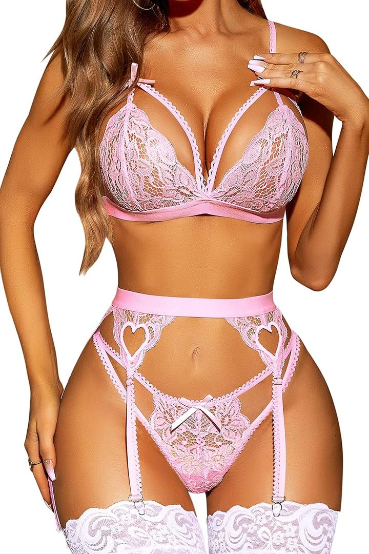 RSLOVE Women Lingerie Sets with Garter Belt 3 Piece Lace Teddy Babydoll Bodysuit (Small, Light Pink)