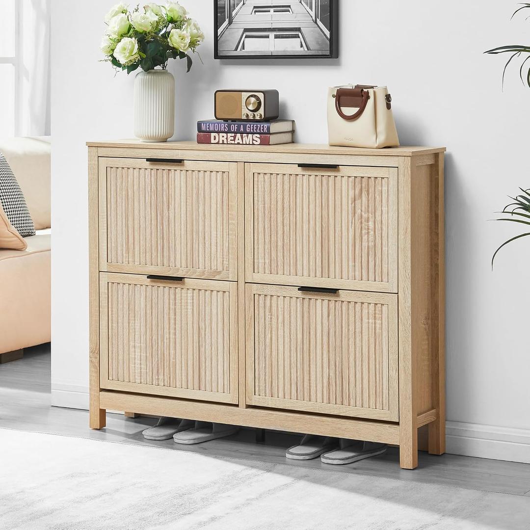 4 Flip Drawers Shoe Cabinet Storage for Entryway, Narrow Hidden Wood Shoes Organizer Cabinet Front Door Entrance Thin Free Standing Front Door Shoe Rack Storage for Entryway (Oak) (Large)