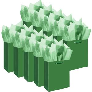 qiqee 10PCS Deep Green Mini Gift Bags with Tissue Paper Handles 6.3"x4.7"x2.4" Small Size Present Party Favor Bags20pcs Tissue Paper Included