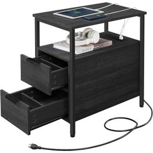 VASAGLE Side Table with Charging Station, Narrow End Table with 2 Drawers, Slim Nightstand and Bedside Table with Storage, for Small Spaces, Black ULET321B22