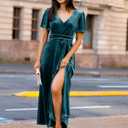 Simplee Women's Velvet Maxi Dress V Neck Short Sleeve Empire Waist Semi Formal Long Cocktail Dresses (Green)